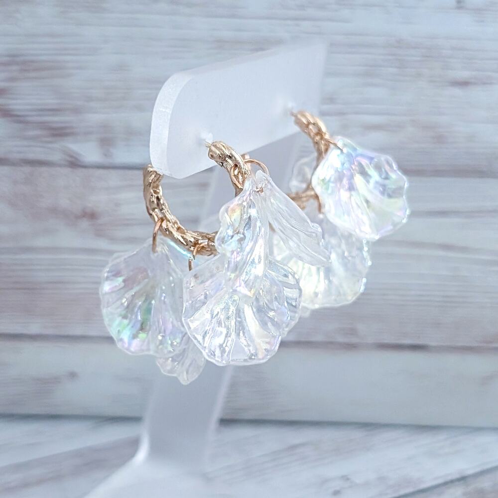 Vintage Stud Earrings Gold Tone Hoops Large Clear / Iridescent Dangles